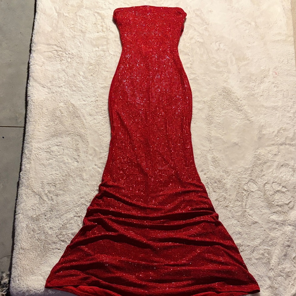 Strapless Red Jeweled Mermaid Prom Formal Gown